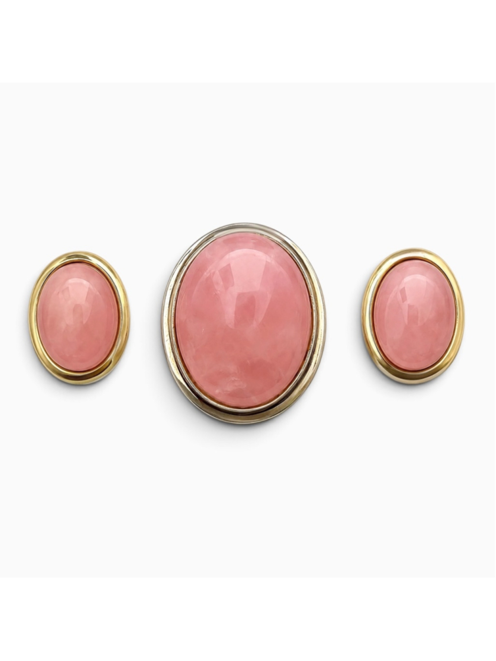 Vintage Butler Rose Quartz Brooch Earring Set, Signed Butler Gold Tone Set